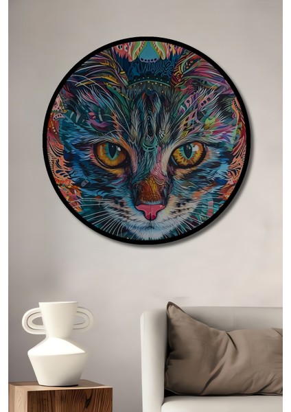 Çerçeve Görünümlü Renkli Kedi Soyut Sanat Dekoratif Ahşap Mdf Ev Duvar Tablo Yuvarlak Ev Duvar Tablo