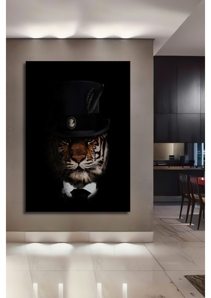 Çerçeve Görünümlü Şapkalı Asil Kaplan Ahşap Mdf Dekoratif Ev Duvar Tablo Dikdörtgen Ev Duvar Tablo