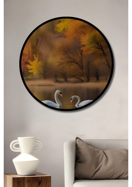 Çerçeve Görünümlü Sonbahar Gölünde Kuğular Ahşap Mdf Dekoratif Tablo Yuvarlak Tablo