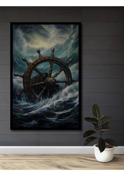 Çerçeve Görünümlü Fırtınada Gemi Dümeni Ahşap Mdf Dekoratif Ev Duvar Tablo Dikdörtgen Ev Duvar Tablo
