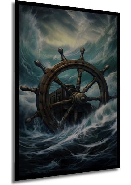 Çerçeve Görünümlü Fırtınada Gemi Dümeni Ahşap Mdf Dekoratif Ev Duvar Tablo Dikdörtgen Ev Duvar Tablo modelleri