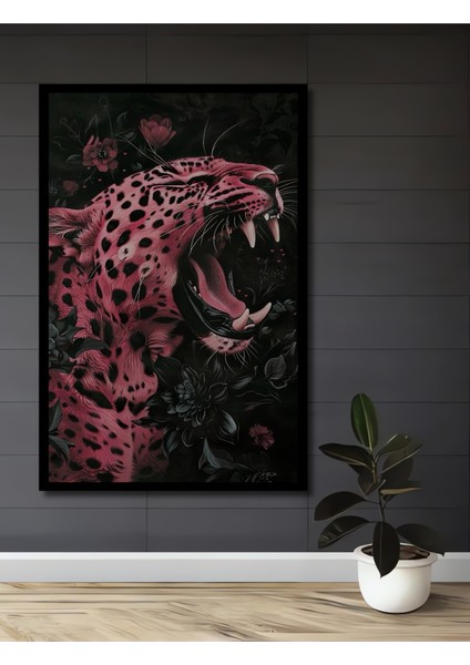 Çerçeve Görünümlü Pembe Leopar Çiçekli Dekoratif Ahşap Mdf Ev Duvar Tablo Dikdörtgen Ev Duvar Tablo
