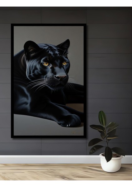 Çerçeve Görünümlü Kara Panter Asaletli Dekoratif Ahşap Mdf Ev Duvar Tablo Dikdörtgen Ev Duvar Tablo