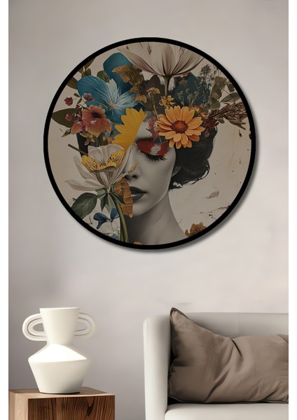Çerçeve Görünümlü Rüya Gibi Çiçekli Kadın Dekoratif Ahşap Mdf Ev Duvar Tablo Yuvarlak Ev Duvar Tablo
