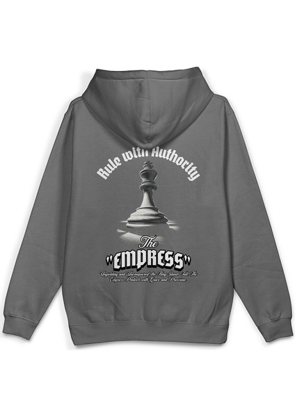 Empress Satranç Sırt Baskılı Kapüşonlu Oversize Sweatshirt Gri Hoodie H1196