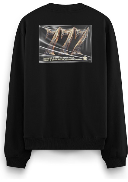 777 Numeroloji Spiritüel Sırt Baskılı Siyah Oversize Sweatshirt S1211