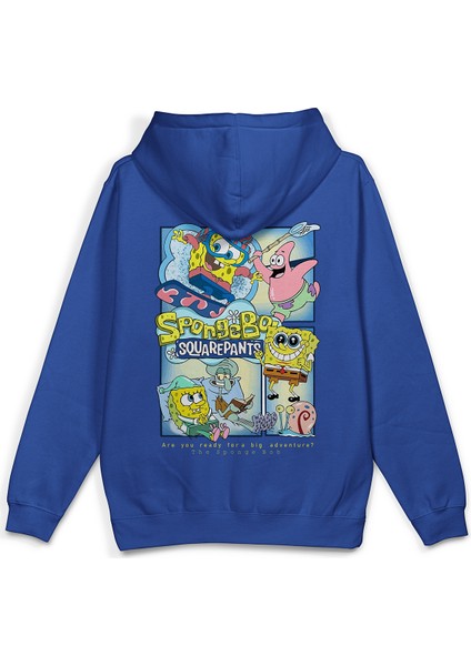 Sünger Bob Sırt Baskılı Kapüşonlu Oversize Sweatshirt Mavi Hoodie H1232