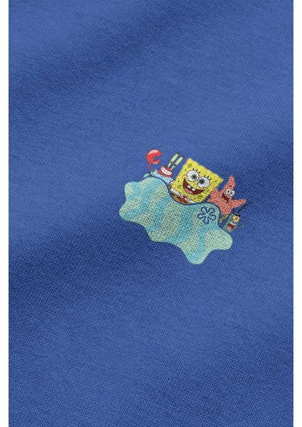 Sünger Bob Sırt Baskılı Kapüşonlu Oversize Sweatshirt Mavi Hoodie H1232 fırsatları