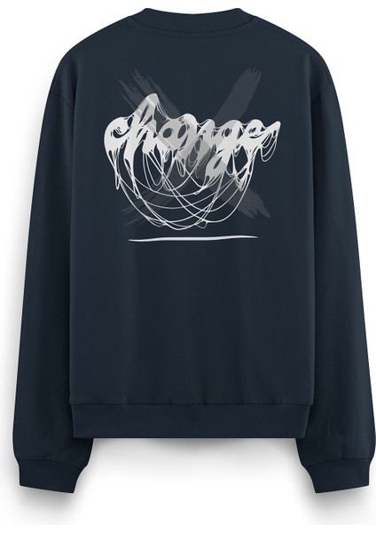Gece Mavisi Oversize Not Change Sırt Baskılı Yazılı Sweatshirt Oversize S1205