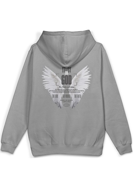 Trust In God Melek Kanadı Angel Baskılı Kapüşonlu Oversize Sweatshirt Gri Hoodie H1387