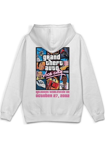 Gta Vice City Sırt Baskılı Kapüşonlu Oversize Sweatshirt Ekru Hoodie H1314