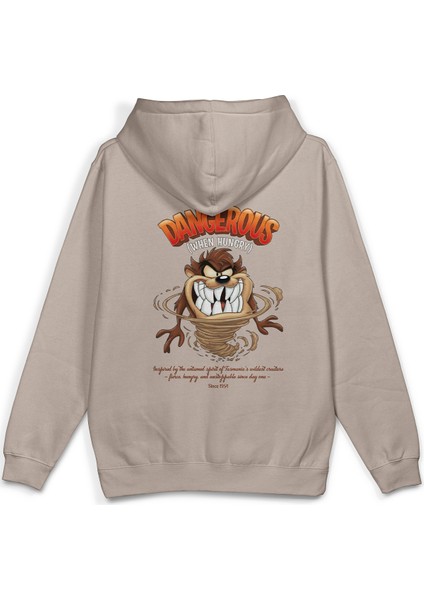 Tazmanian Devil Tazmanya Canavarı Sırt Baskılı Kapüşonlu Oversize Sweatshirt Taş Rengi Hoodie H1392