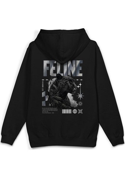 Feline Leopard Leopar Sırt Baskılı Kapüşonlu Oversize Sweatshirt Siyah Hoodie H1401