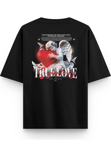 Siyah Oversize Tshirt True Love Sırt Baskılı T-Shirt Oversize Yazılı Unisex Tişört 1215