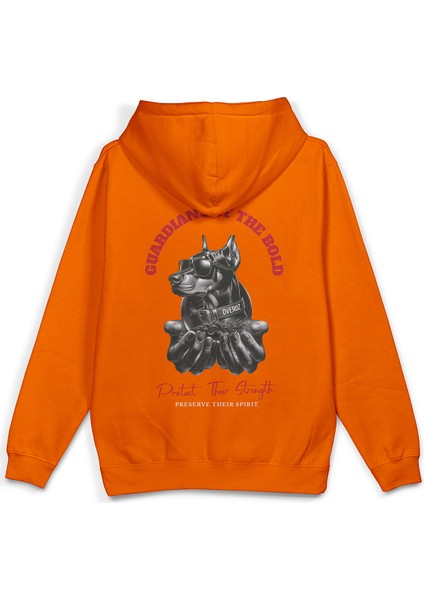 Doberman Sırt Baskılı Kapüşonlu Oversize Sweatshirt Köpekli Turuncu Hoodie H1193