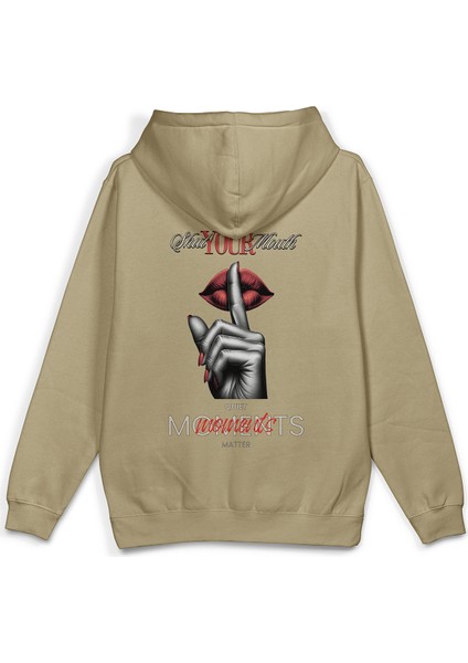 Shut Your Mouth Sırt Baskılı Kapüşonlu Oversize Sweatshirt Bej Hoodie H1194