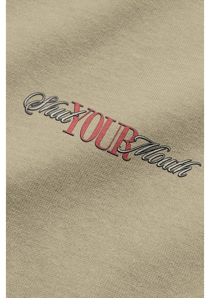 Shut Your Mouth Sırt Baskılı Kapüşonlu Oversize Sweatshirt Bej Hoodie H1194 fırsatları