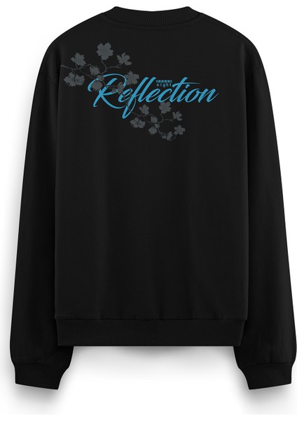 Siyah Oversize Sweatshirt Night Flowers Sırt Baskılı Yazılı Sweatshirt Oversize S1204