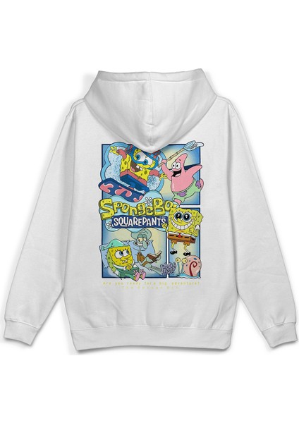 Sünger Bob Sırt Baskılı Kapüşonlu Oversize Sweatshirt Ekru Hoodie H1232