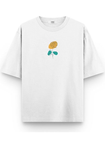 Beyaz Oversize Minimal Gül Baskılı Oversize Unisex Tişört 1336