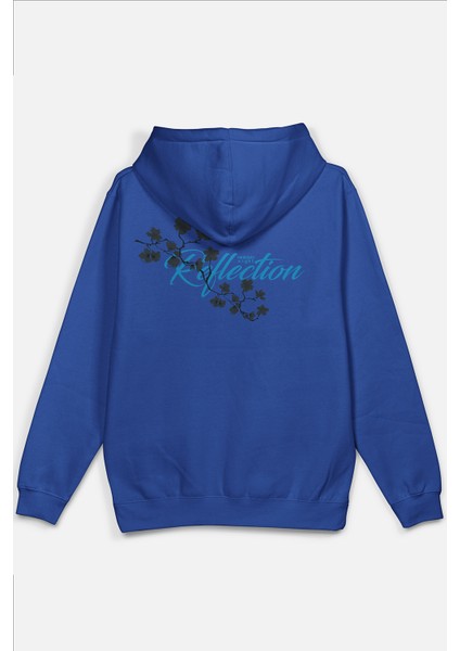 Mavi Oversize Sweatshirt Night Flowers Sırt Baskılı Yazılı Kapüşonlu Sweatshirt Oversize H1204