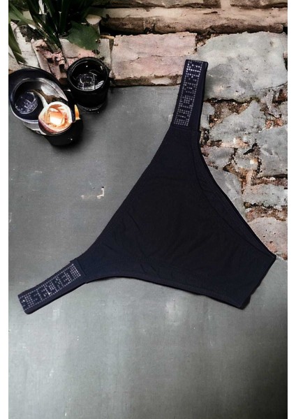 Kadın Brazilian Siyah Taşlı Rahat Yumuşak Külot