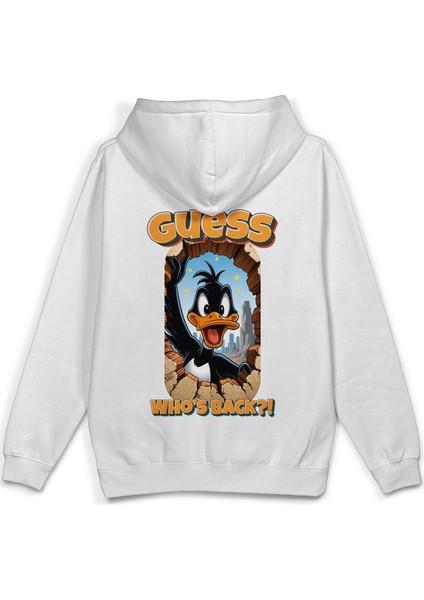 Daffy Duck Sırt Baskılı Kapüşonlu Oversize Sweatshirt Beyaz Hoodie H1393