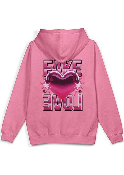 Fake Love Sırt Baskılı Kapüşonlu Oversize Sweatshirt Pembe Hoodie H1404