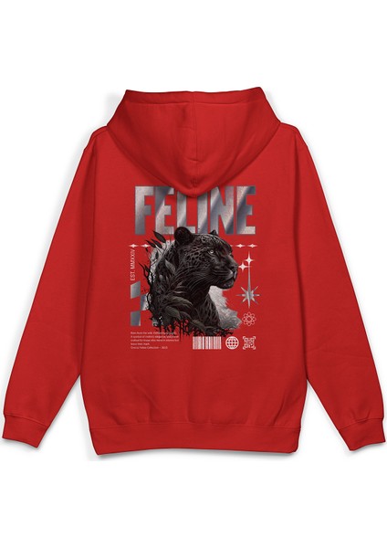 Feline Leopard Leopar Sırt Baskılı Kapüşonlu Oversize Sweatshirt Kırmızı Hoodie H1401