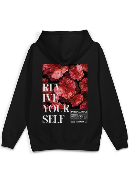 Siyah Oversize Sweatshirt Çiçek Sırt Baskılı Yazılı Kapüşonlu Oversize Sweatshirt H1311