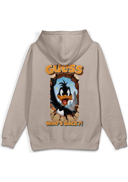 Daffy Duck Sırt Baskılı Kapüşonlu Oversize Sweatshirt Taş Rengi Hoodie H1393