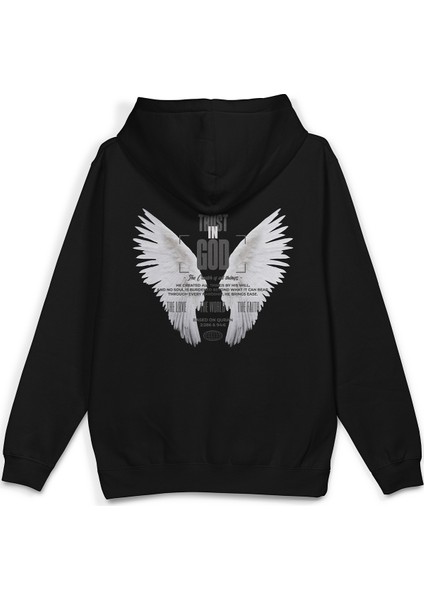 Trust In God Melek Kanadı Angel Baskılı Kapüşonlu Oversize Sweatshirt Siyah Hoodie H1387