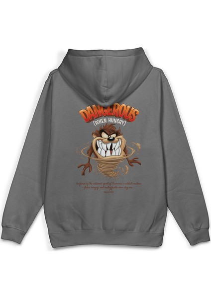 Tazmanian Devil Tazmanya Canavarı Sırt Baskılı Kapüşonlu Oversize Sweatshirt Gri Hoodie H1392