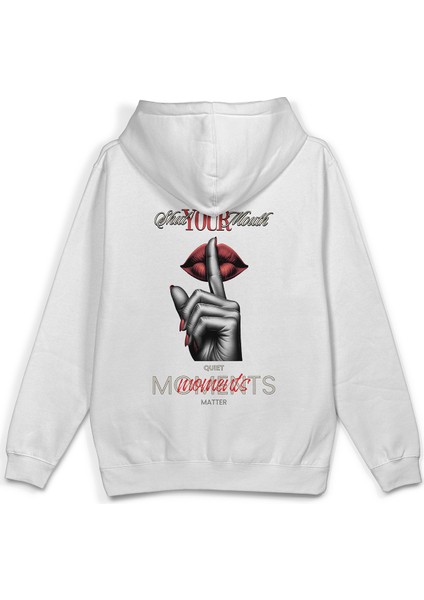 Shut Your Mouth Sırt Baskılı Kapüşonlu Oversize Sweatshirt Ekru Hoodie H1194