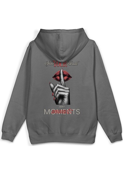 Shut Your Mouth Sırt Baskılı Kapüşonlu Oversize Sweatshirt Gri Hoodie H1194