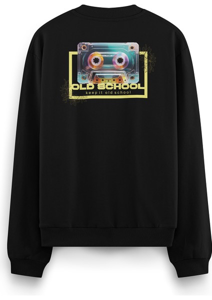 Old School Kaset Sırt Baskılı Siyah Oversize Sweatshirt S1207