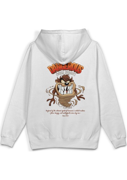 Tazmanian Devil Tazmanya Canavarı Sırt Baskılı Kapüşonlu Oversize Sweatshirt Beyaz Hoodie H1392