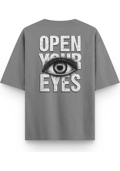Open Your Eyes Sırt Baskılı Yarı Oversize Gri Tshirt 1394