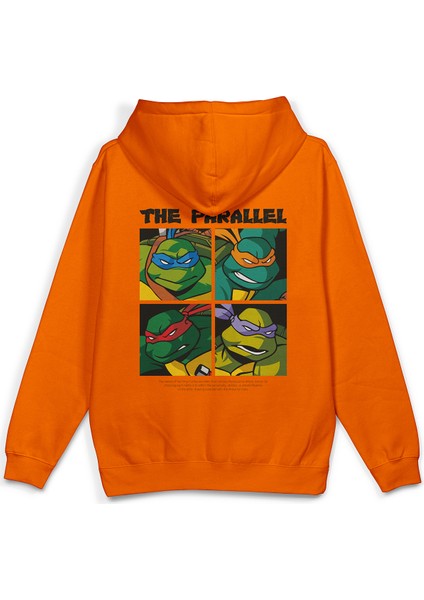 Ninja Kaplumbağalar Sırt Baskılı Kapüşonlu Oversize Sweatshirt Turuncu Hoodie H1302