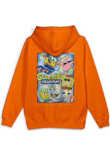 Sünger Bob Sırt Baskılı Kapüşonlu Oversize Sweatshirt Turuncu Hoodie H1232