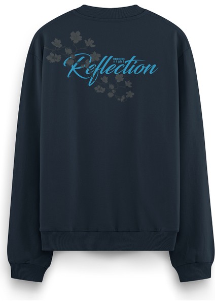 Gece Mavisi Oversize Night Flowers Sırt Baskılı Yazılı Sweatshirt Oversize S1204