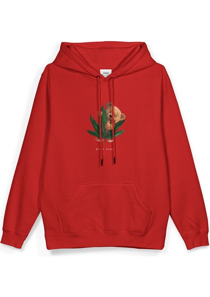 Teddy Bear Baskılı Kapüşonlu Oversize Sweatshirt Kırmızı Hoodie H1069