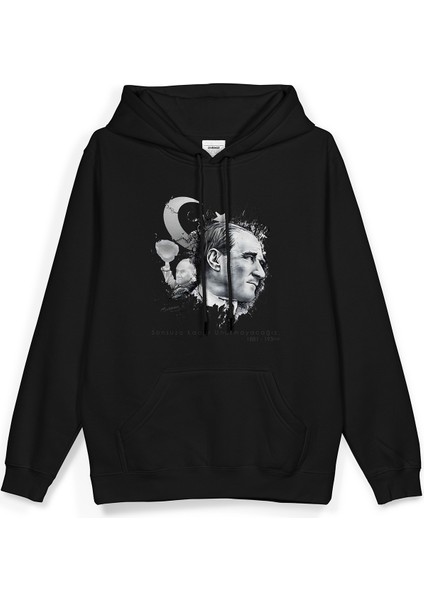 10 Kasım Atatürk Baskılı Kapüşonlu Oversize Sweatshirt Siyah Hoodie H1236