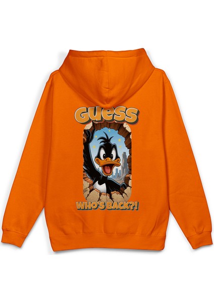 Daffy Duck Sırt Baskılı Kapüşonlu Oversize Sweatshirt Turuncu Hoodie H1393