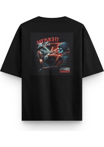 Siyah Oversize Tshirt Midnight Skull Sırt Baskılı Oversize Yazılı Unisex Tişört 1255