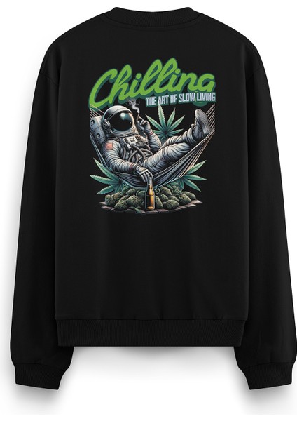 Chilling Takılan Astronot Sırt Baskılı Siyah Oversize Sweatshirt S1223