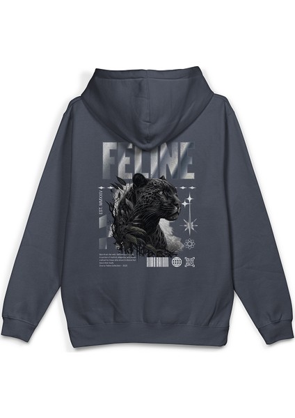 Feline Leopard Leopar Sırt Baskılı Kapüşonlu Oversize Sweatshirt Füme Hoodie H1401