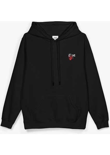 Love Bomb Baskılı Kapüşonlu Oversize Sweatshirt Siyah Hoodie H1203