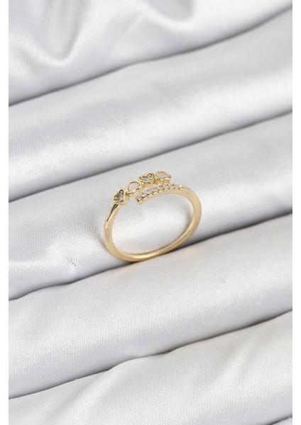 Pirinç Gold Renk Kalpli Detaylı Zirkon Taşlı Kadın Yüzük - Lisinya