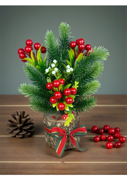 Yapay Çiçek Yılbaşı Süsü Doğal Kütük ve Yapay Kokina Çam Ağacı 30 cm Masa Üstü Dekor Ev Süsleri